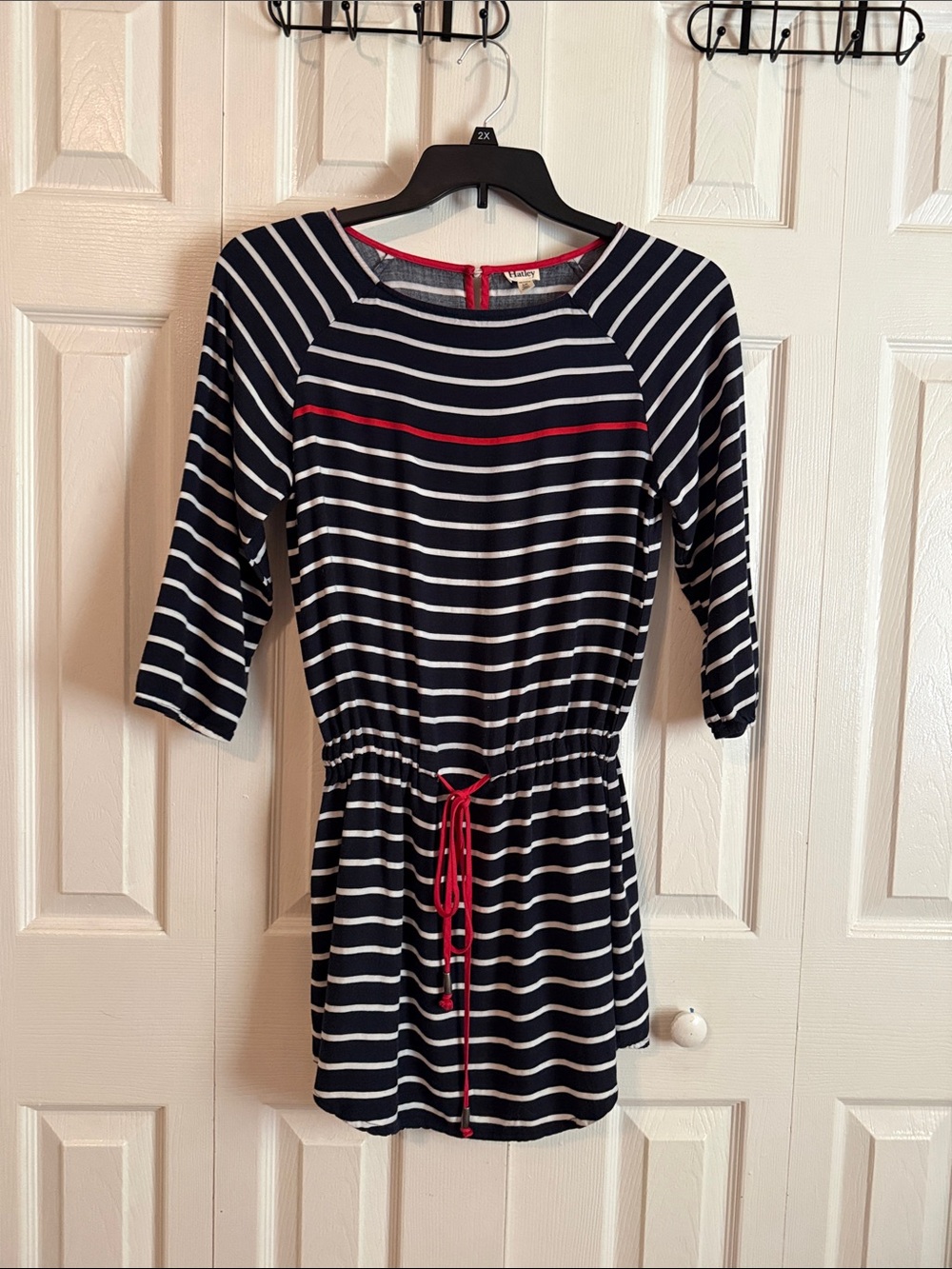 Hatley Navy and White Striped Mini Dress with Red Trim